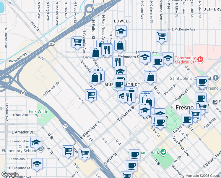 map of restaurants, bars, coffee shops, grocery stores, and more near 1608 Broadway Street in Fresno