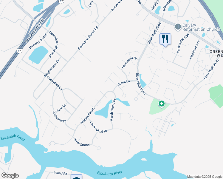 map of restaurants, bars, coffee shops, grocery stores, and more near 268 Marina Reach in Chesapeake