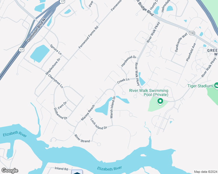 map of restaurants, bars, coffee shops, grocery stores, and more near 264 Marina Reach in Chesapeake