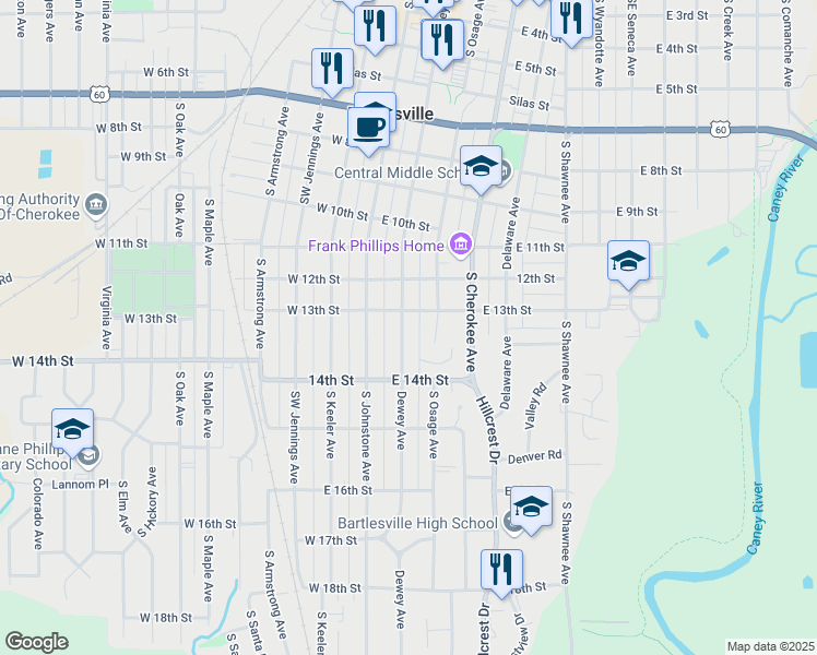 map of restaurants, bars, coffee shops, grocery stores, and more near 1310 South Dewey Avenue in Bartlesville