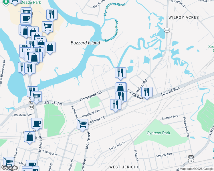 map of restaurants, bars, coffee shops, grocery stores, and more near 418 U.S. 58 Bus in Suffolk