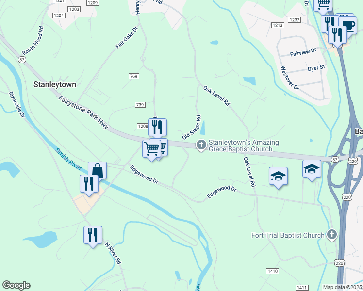 map of restaurants, bars, coffee shops, grocery stores, and more near Fairystone Park Highway in Stanleytown