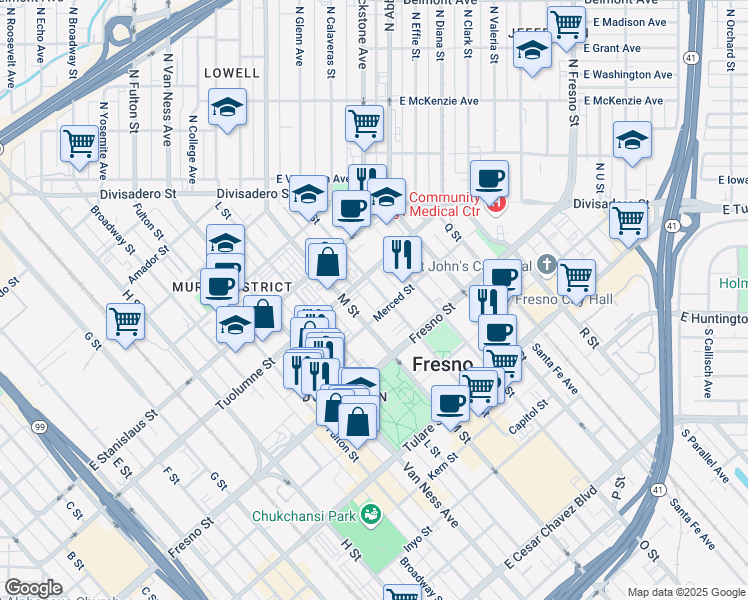 map of restaurants, bars, coffee shops, grocery stores, and more near 1310 M Street in Fresno