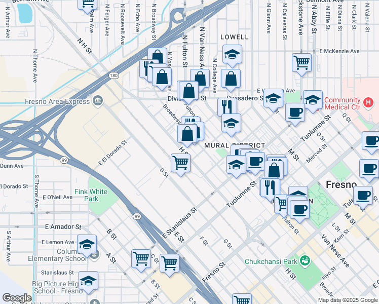 map of restaurants, bars, coffee shops, grocery stores, and more near in Fresno