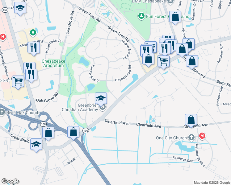 map of restaurants, bars, coffee shops, grocery stores, and more near 501 Hidden Falls Lane in Chesapeake