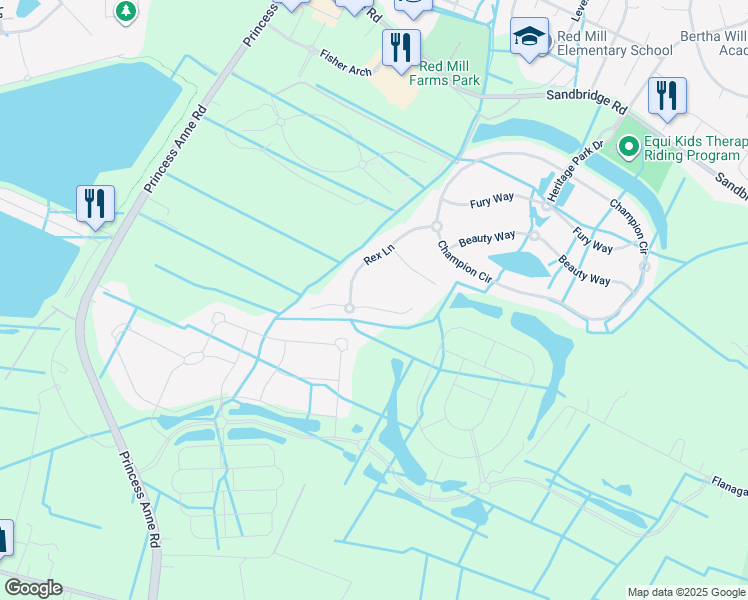map of restaurants, bars, coffee shops, grocery stores, and more near 1824 Rein Lane in Virginia Beach