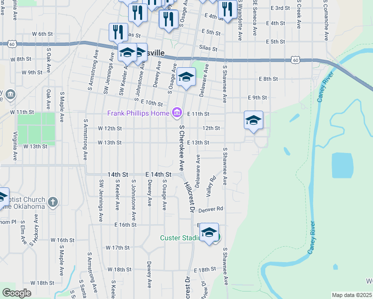 map of restaurants, bars, coffee shops, grocery stores, and more near 1324 South Cherokee Avenue in Bartlesville