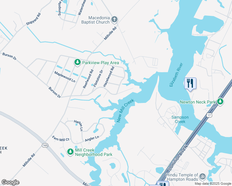 map of restaurants, bars, coffee shops, grocery stores, and more near 1703 Rockwood Drive in Chesapeake