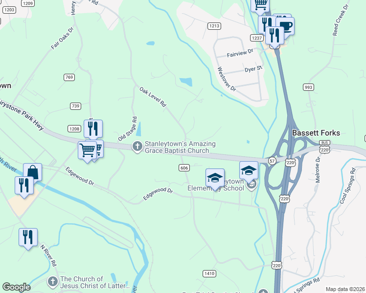 map of restaurants, bars, coffee shops, grocery stores, and more near 1421 Oak Level Road in Bassett