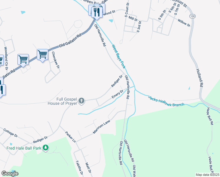 map of restaurants, bars, coffee shops, grocery stores, and more near 71 Rediger Drive in Scottsville