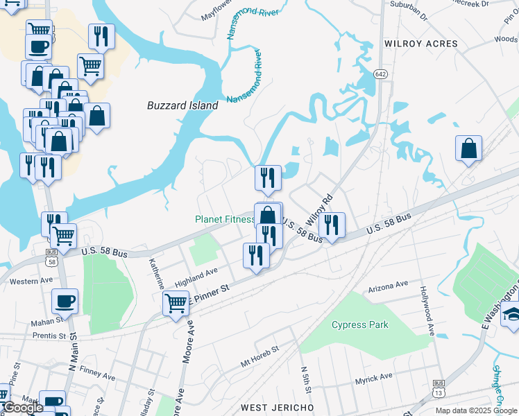 map of restaurants, bars, coffee shops, grocery stores, and more near 536 East Constance Road in Suffolk