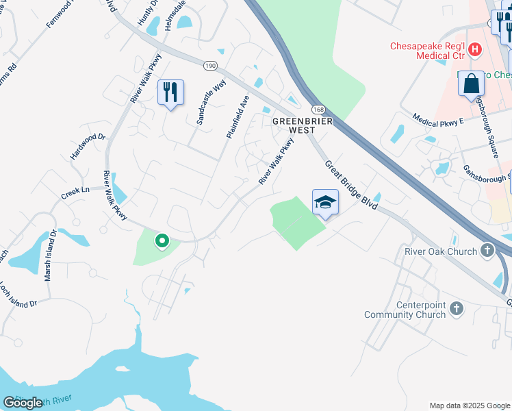 map of restaurants, bars, coffee shops, grocery stores, and more near 819 Creekside Crescent in Chesapeake