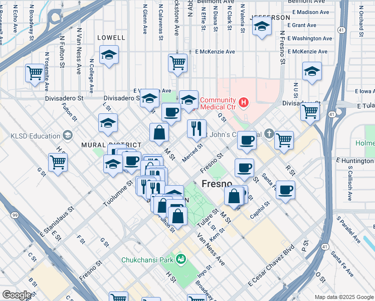 map of restaurants, bars, coffee shops, grocery stores, and more near 1325 N Street in Fresno