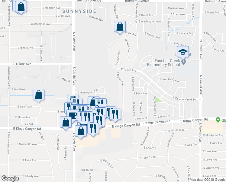 map of restaurants, bars, coffee shops, grocery stores, and more near 103 East Beck Avenue in Fresno