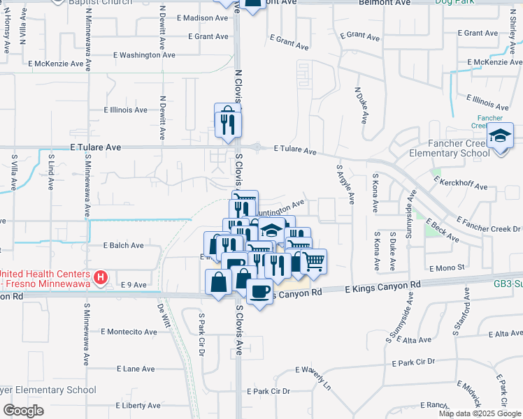 map of restaurants, bars, coffee shops, grocery stores, and more near 405 South Clovis Avenue in Fresno