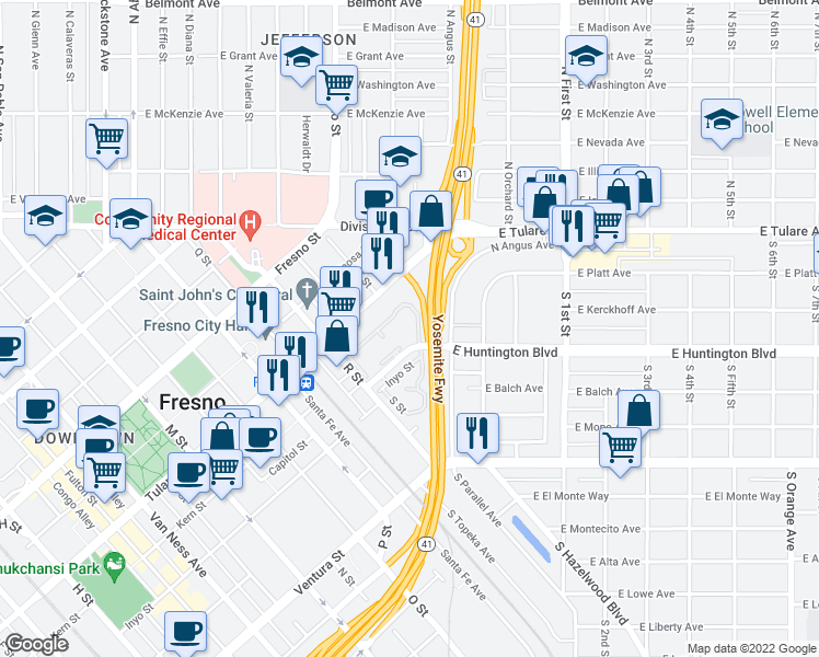 map of restaurants, bars, coffee shops, grocery stores, and more near 10 East Huntington Boulevard in Fresno