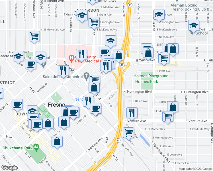 map of restaurants, bars, coffee shops, grocery stores, and more near 2881-2909 Huntington Boulevard in Fresno