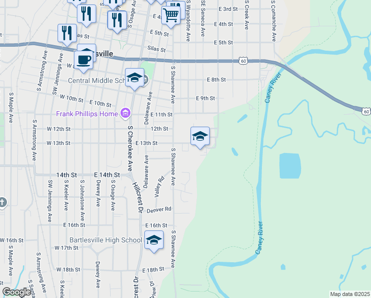 map of restaurants, bars, coffee shops, grocery stores, and more near 621 East 13th Street in Bartlesville