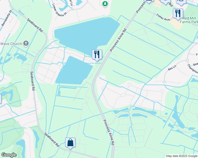 map of restaurants, bars, coffee shops, grocery stores, and more near 1992 Princess Anne Road in Virginia Beach