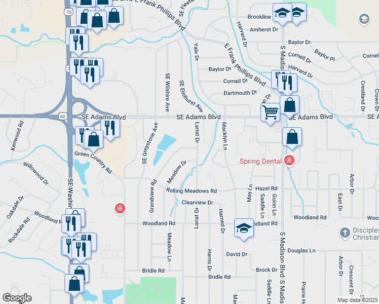 map of restaurants, bars, coffee shops, grocery stores, and more near 1006 Meadow Drive in Bartlesville