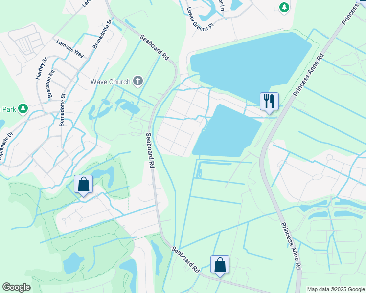 map of restaurants, bars, coffee shops, grocery stores, and more near 2119 Martlet Lane in Virginia Beach