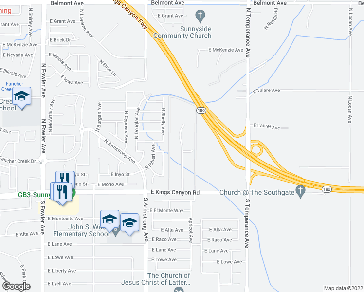 map of restaurants, bars, coffee shops, grocery stores, and more near 6720 East Kings Canyon Road in Fresno