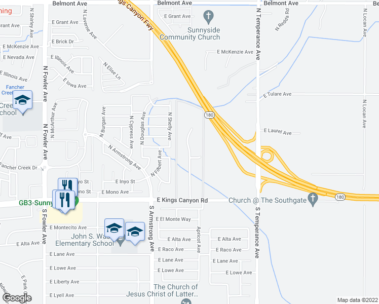 map of restaurants, bars, coffee shops, grocery stores, and more near 6620 East Kings Canyon Road in Fresno