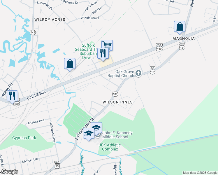 map of restaurants, bars, coffee shops, grocery stores, and more near 2536 U.S. 13 Business in Suffolk