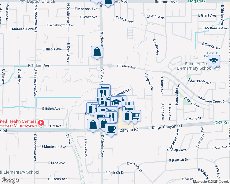 map of restaurants, bars, coffee shops, grocery stores, and more near 103 East Huntington Avenue in Fresno