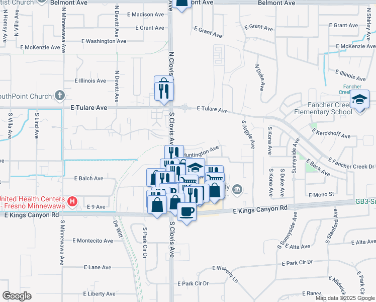 map of restaurants, bars, coffee shops, grocery stores, and more near 405 South Clovis Avenue in Fresno