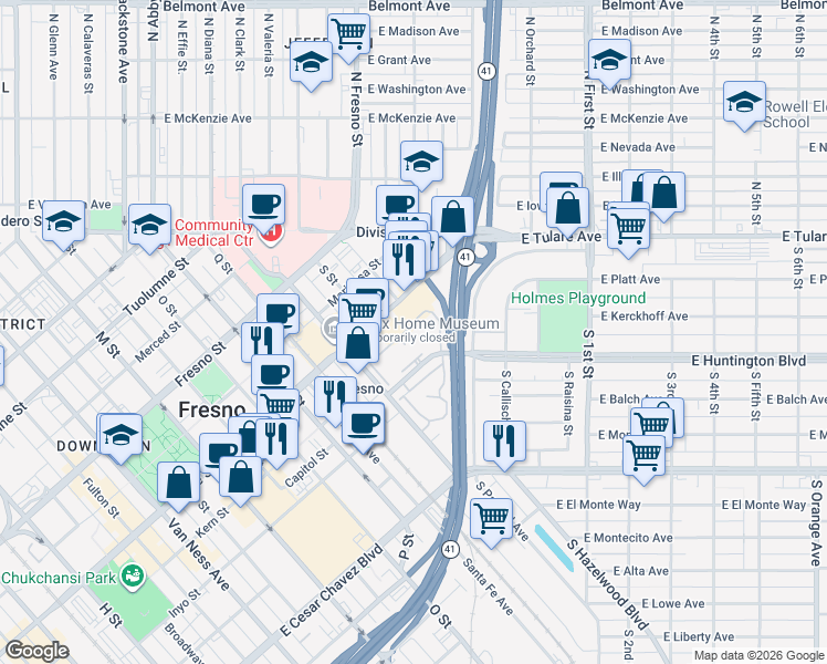 map of restaurants, bars, coffee shops, grocery stores, and more near 2881-2909 Huntington Boulevard in Fresno