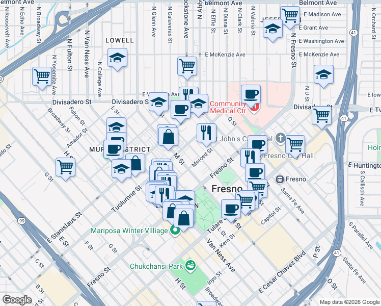map of restaurants, bars, coffee shops, grocery stores, and more near 1351 N Street in Fresno
