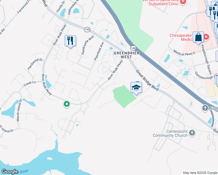 map of restaurants, bars, coffee shops, grocery stores, and more near 751 Creekside Crescent in Chesapeake