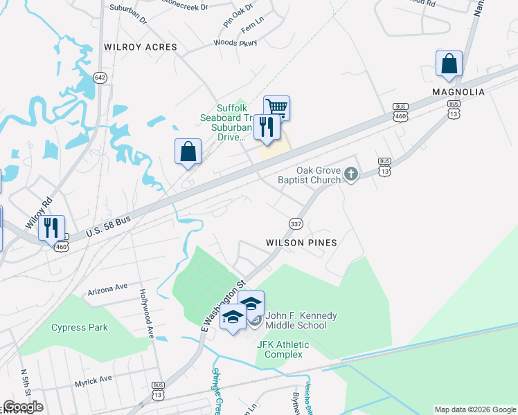 map of restaurants, bars, coffee shops, grocery stores, and more near 2536 East Washington Street in Suffolk