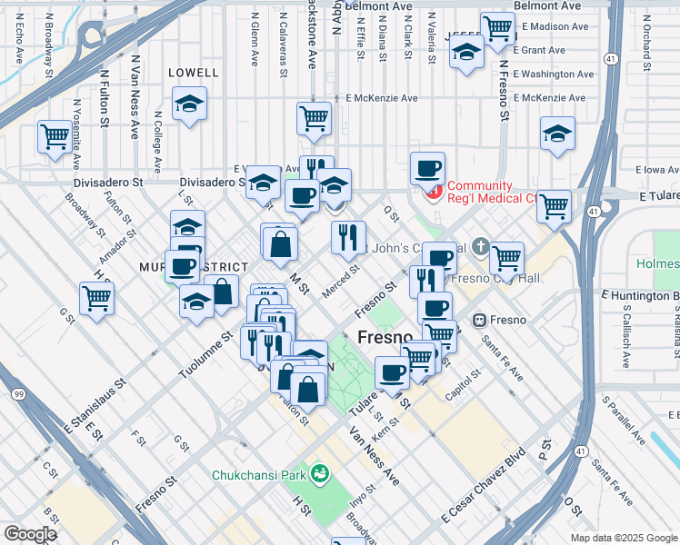 map of restaurants, bars, coffee shops, grocery stores, and more near 1310 M Street in Fresno