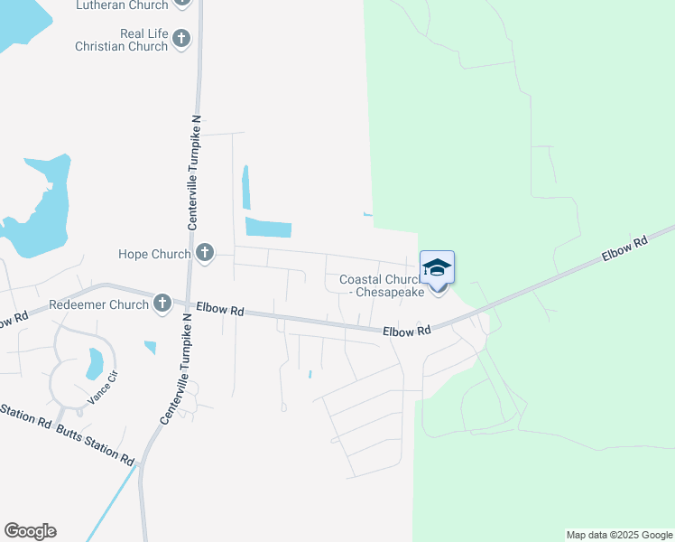 map of restaurants, bars, coffee shops, grocery stores, and more near 608 Baker Loop in Chesapeake