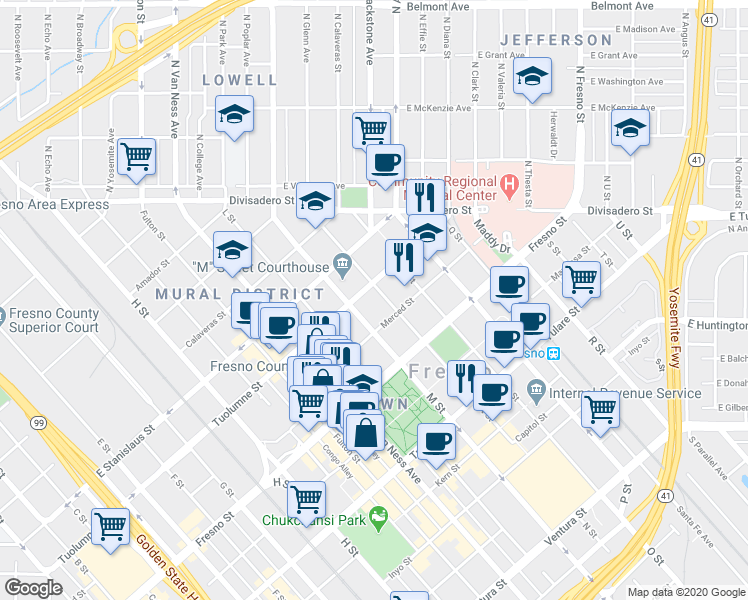 map of restaurants, bars, coffee shops, grocery stores, and more near 1333 N Street in Fresno