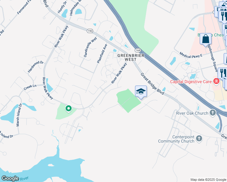 map of restaurants, bars, coffee shops, grocery stores, and more near 745 Creekside Crescent in Chesapeake