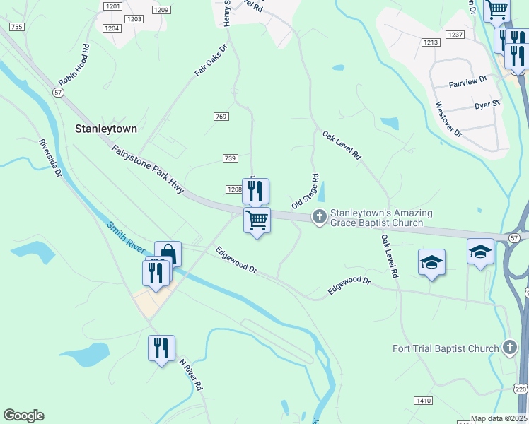 map of restaurants, bars, coffee shops, grocery stores, and more near Fairystone Park Highway in Stanleytown