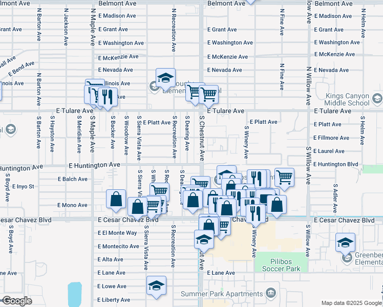 map of restaurants, bars, coffee shops, grocery stores, and more near 331 South Dearing Avenue in Fresno