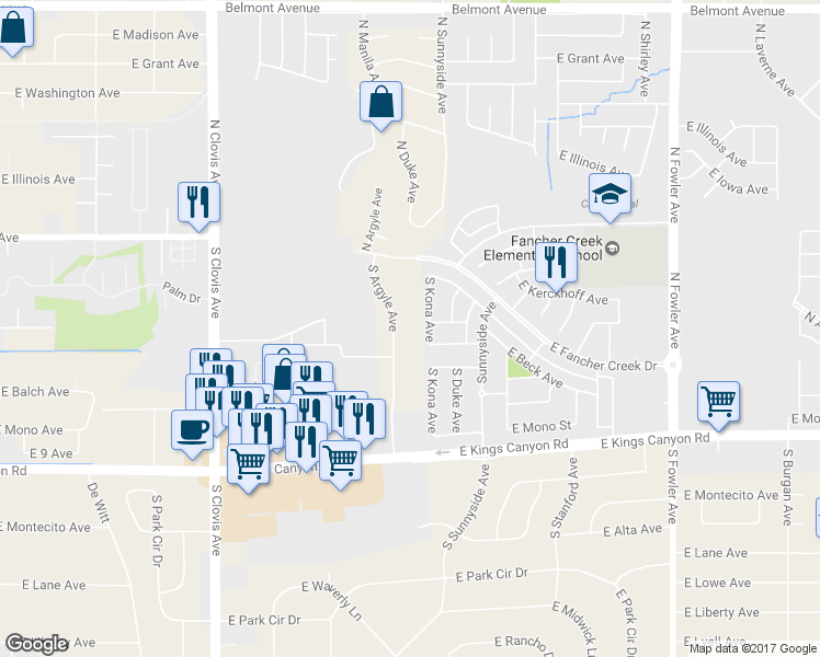 map of restaurants, bars, coffee shops, grocery stores, and more near 225 South Argyle Avenue in Fresno