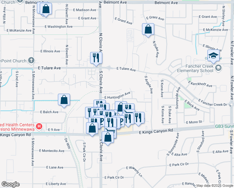 map of restaurants, bars, coffee shops, grocery stores, and more near 103 East Huntington Avenue in Fresno