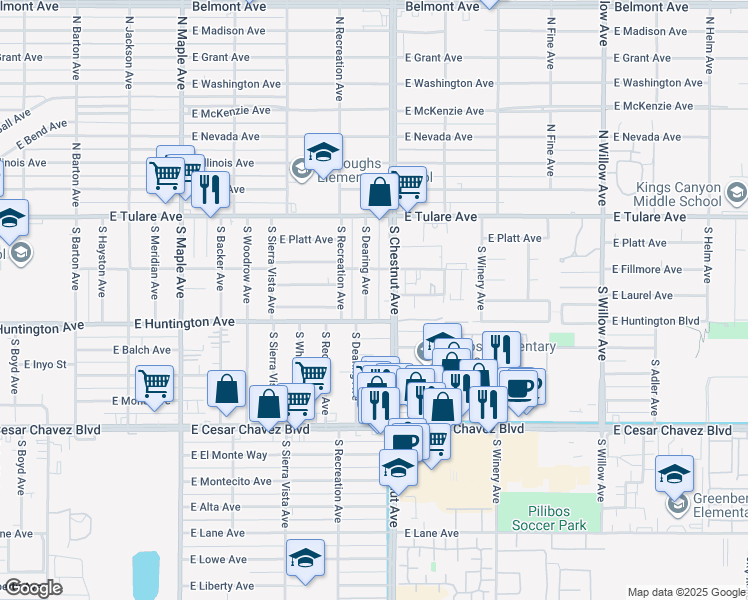 map of restaurants, bars, coffee shops, grocery stores, and more near 251 South Dearing Avenue in Fresno