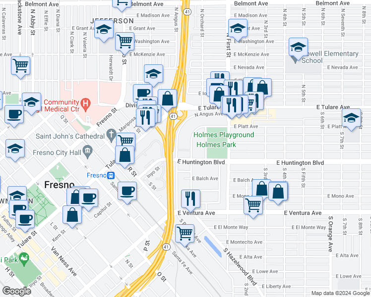 map of restaurants, bars, coffee shops, grocery stores, and more near 308 North Angus Avenue in Fresno