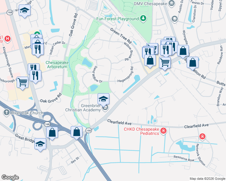 map of restaurants, bars, coffee shops, grocery stores, and more near 521 Hidden Falls Lane in Chesapeake