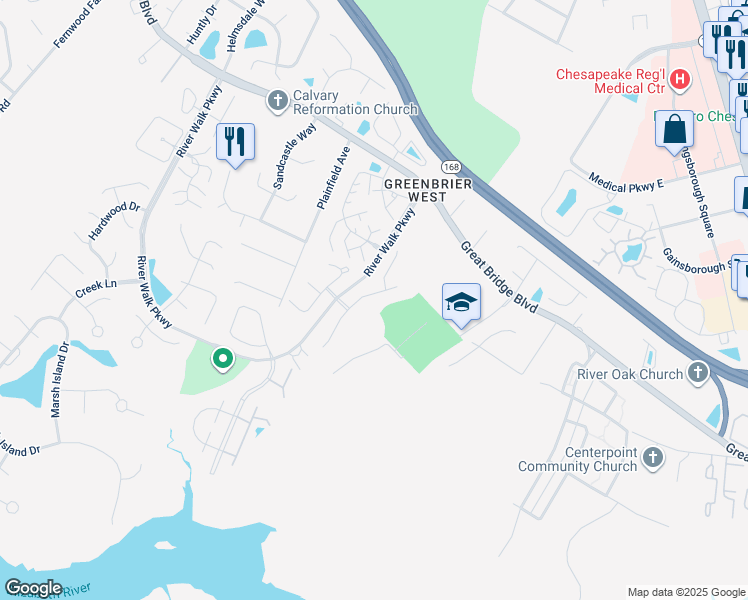 map of restaurants, bars, coffee shops, grocery stores, and more near 642 Creekside Court in Chesapeake