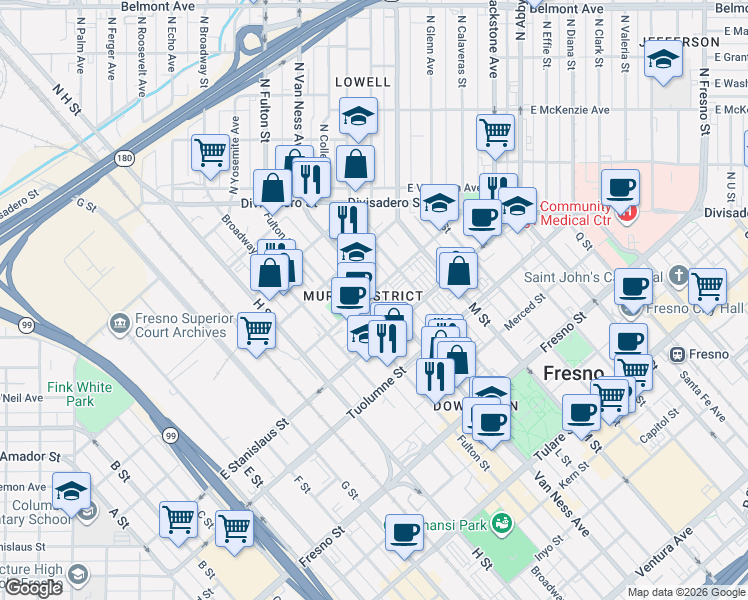 map of restaurants, bars, coffee shops, grocery stores, and more near 1559 Van Ness Avenue in Fresno