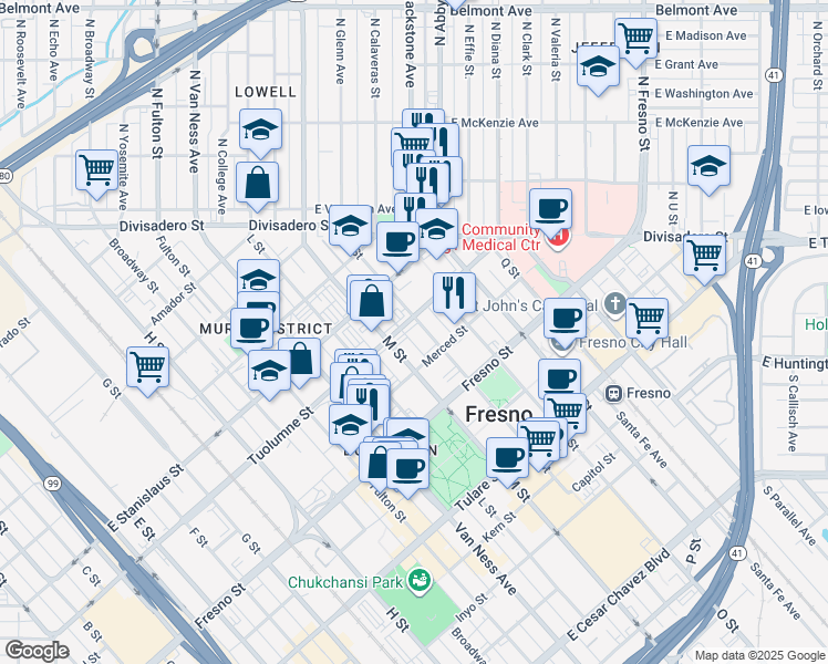 map of restaurants, bars, coffee shops, grocery stores, and more near 1362 N Street in Fresno