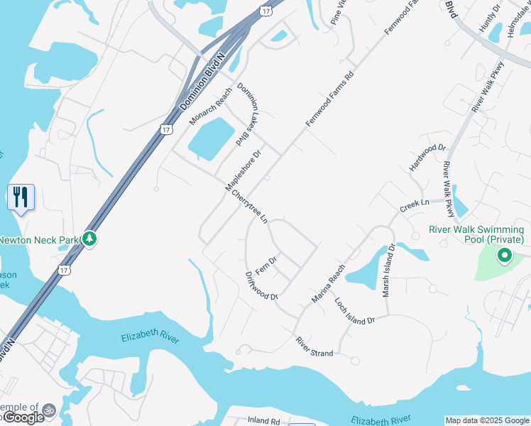 map of restaurants, bars, coffee shops, grocery stores, and more near 1125 Cherrytree Lane in Chesapeake