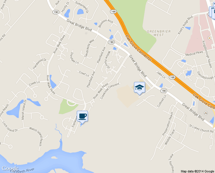 map of restaurants, bars, coffee shops, grocery stores, and more near 770 Creekside Crescent in Chesapeake